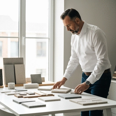 Architect reviewing sustainable building material samples