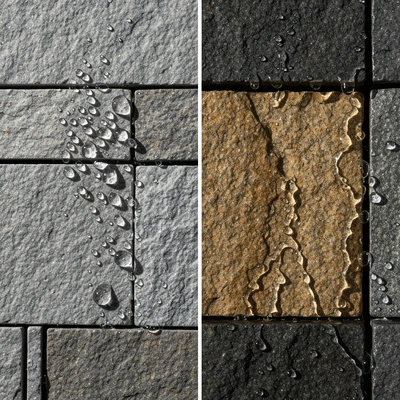 Close-up comparison of sealed vs unsealed stone cladding, showing water beading on sealed surface