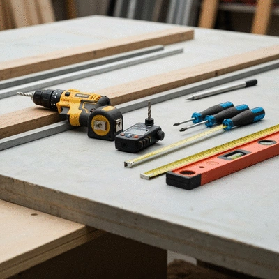 Various construction tools laid out, with a subtle visual distinction between rented and owned tools