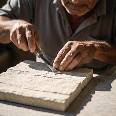 Close-up of skilled artisan working on hand-cut stone cladding, demonstrating craftsmanship and attention to detail, no text, no words, no typography, 8K