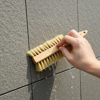 Close-up of a hand cleaning stone cladding with a brush and water, showing proper maintenance techniques
