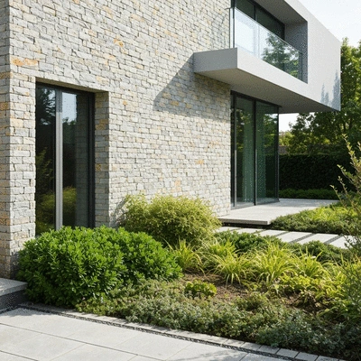 Modern home exterior with sustainable stone cladding and lush greenery