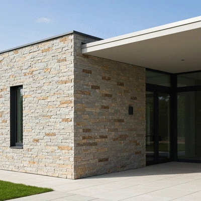 Stone cladding on a modern home exterior, showcasing aesthetic appeal and durability