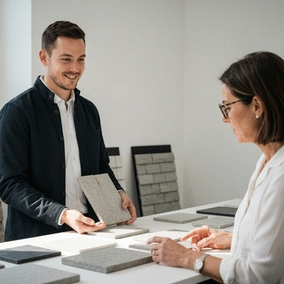 Architect reviewing stone cladding samples with a client