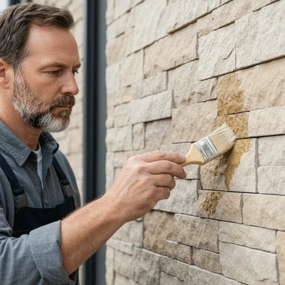 Person applying sealant to stone cladding with a brush, protecting against moisture