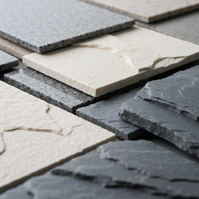 Close-up of various stone cladding samples, including granite, limestone, and slate, highlighting different textures and colors