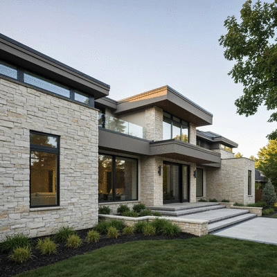 Modern home exterior with elegant stone cladding, showcasing durability and aesthetic versatility