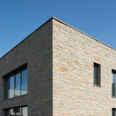Modern building exterior with sustainable stone cladding, clean architecture