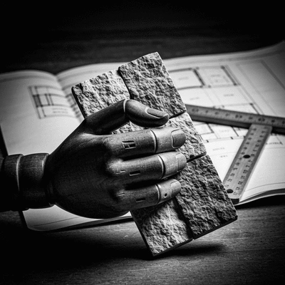 Hand holding a sample of sustainable stone cladding with building plans in background, natural light