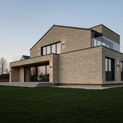 Exterior of a modern home with energy-efficient stone cladding