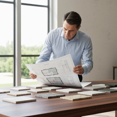 Architect reviewing sustainable building plans with stone cladding samples on a table