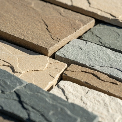 Close-up of various natural stone cladding materials, showcasing texture and earthy tones, in a sustainable construction setting