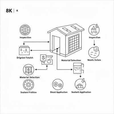 Diagram illustrating a stone cladding protection plan with icons for inspection, material choice, and sealants
