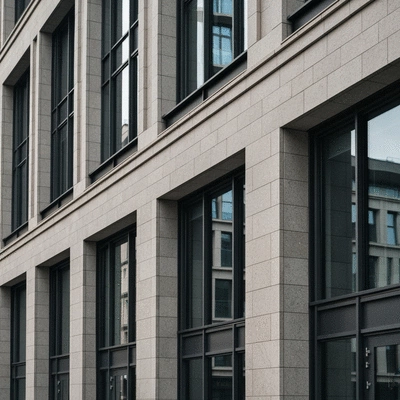 Modern urban building facade with elegant natural stone cladding accents, sleek glass, and steel elements, no text, no words, no typography, 8K