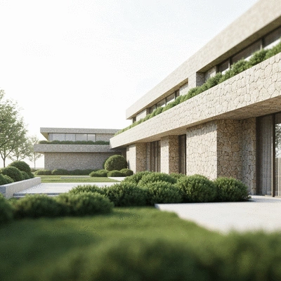 Modern building exterior with sustainable stone cladding, surrounded by green landscaping