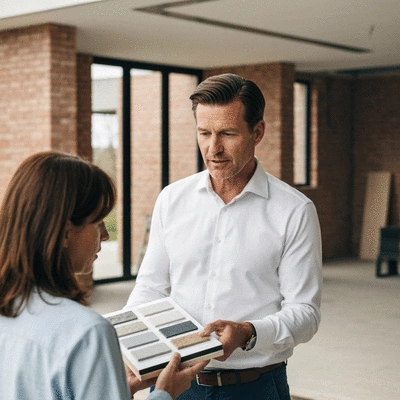 Professional architect showing stone cladding samples to a homeowner on-site